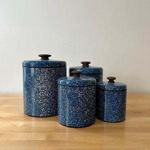 Vintage Ransburg Four-Piece Blue and White Speckled Metal Canister Set